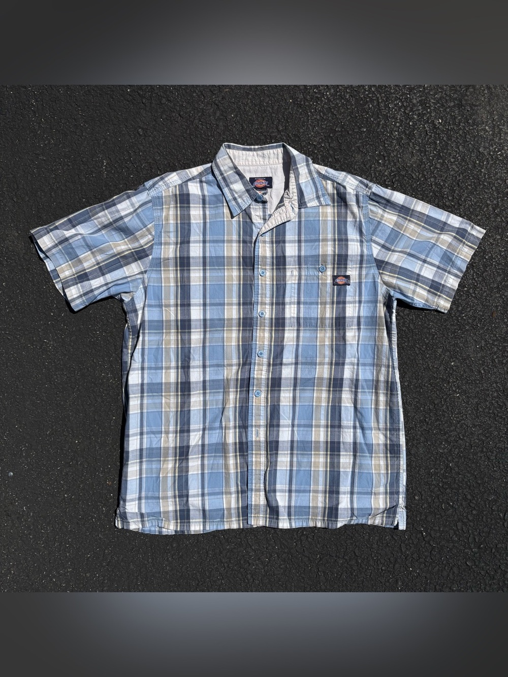 Dickies Short Sleeve Shirt Size L Blue Plaid Work Wear Skater Casual Button Up